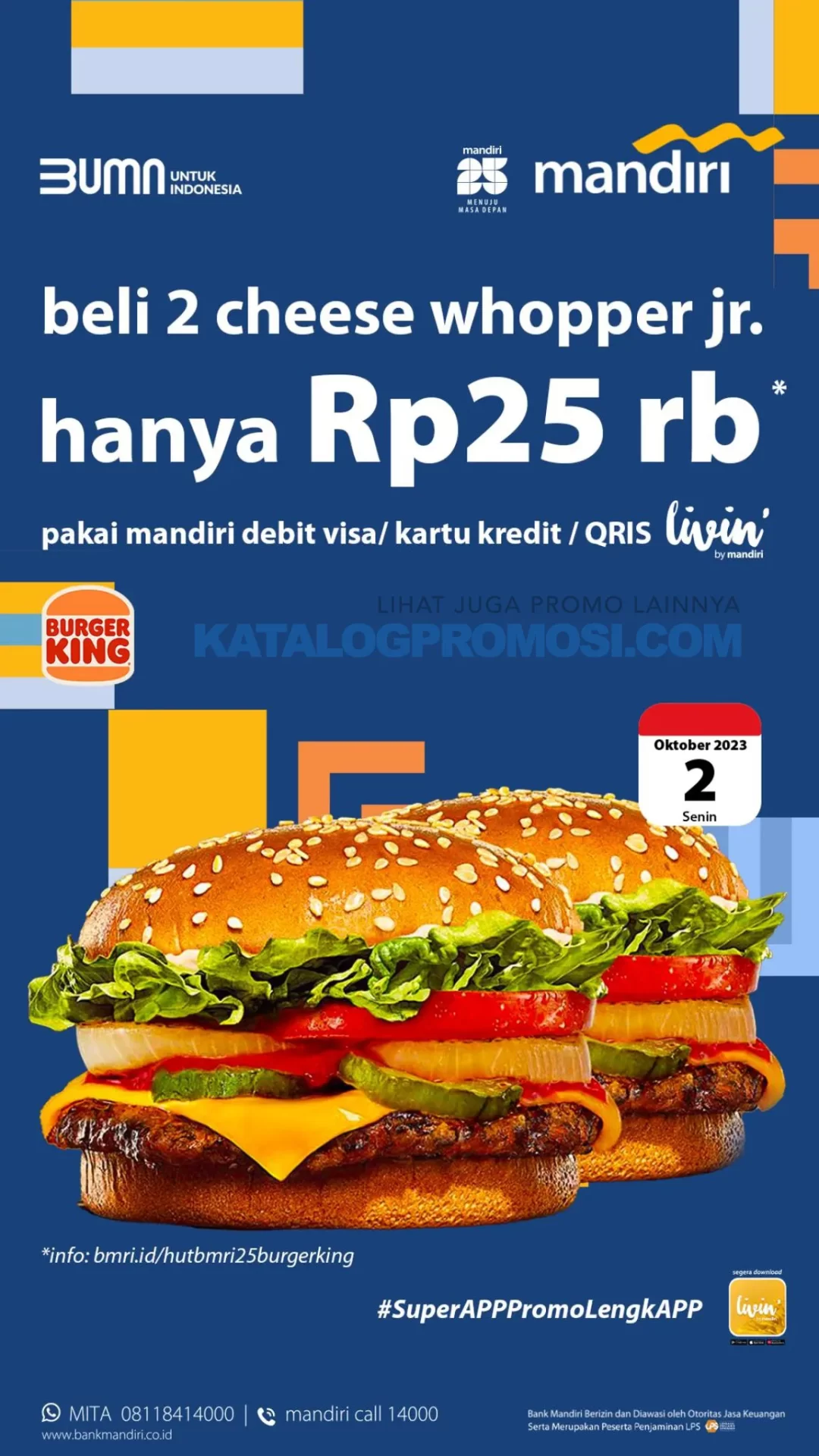 PROMO BURGER KING HUT MANDIRI - Beli 2 Burger Cheese Whopper Jr. cuma Rp. 25.000