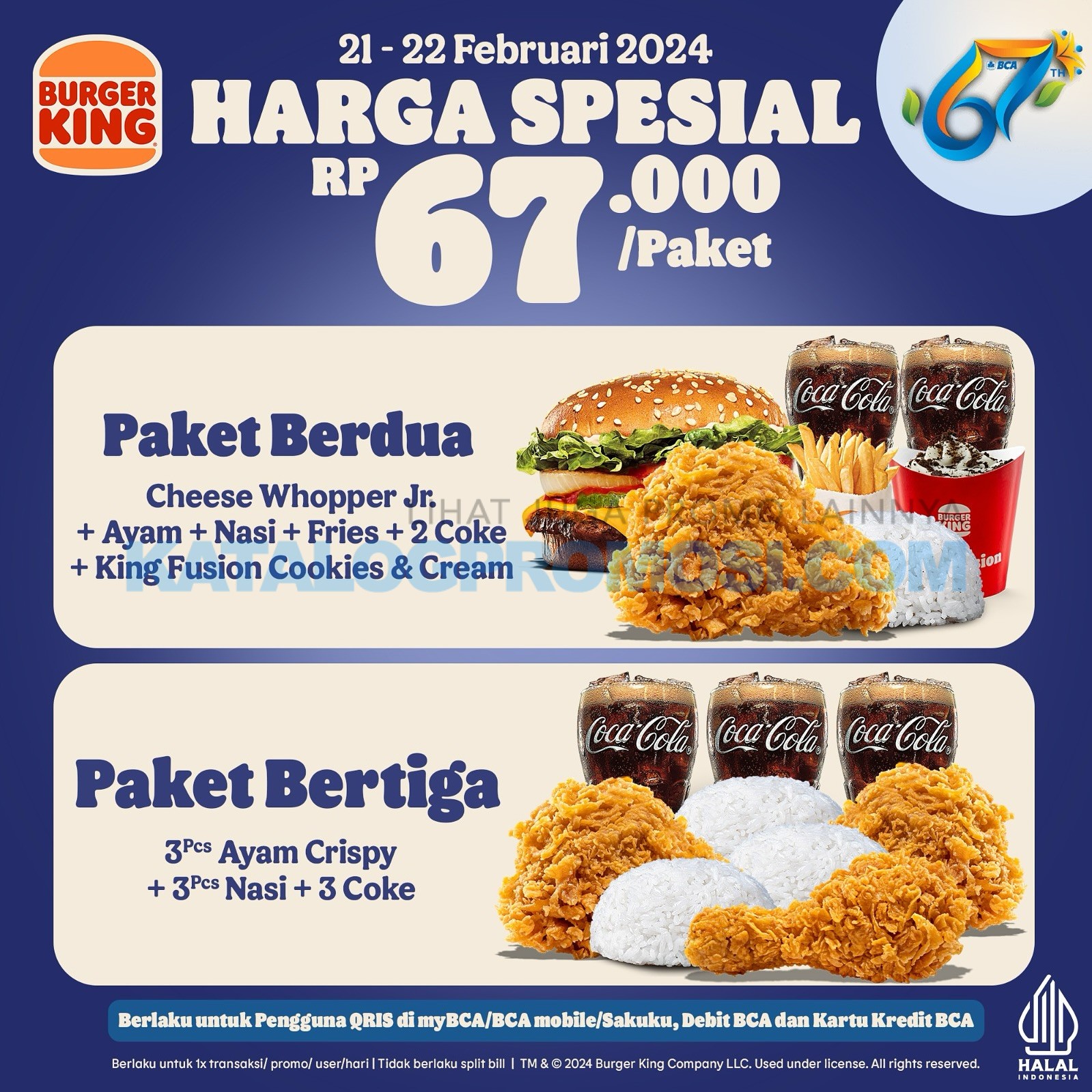 Promo BURGER KING HUT BCA 67 - Harga Spesial Rp67 Ribu Paket Meal BERDUA / BERTIGA berlaku mulai tanggal 21-22 FEBRUARI 2024