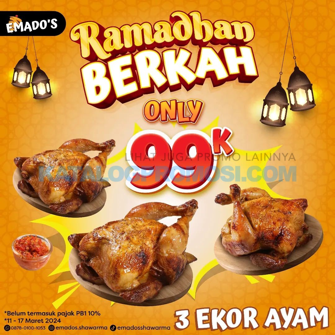 QnA VBage Promo EMADO’S SHAWARMA Ramadhan Berkah! Harga Spesial 3 Ekor Ayam hanya Rp 99.000,-