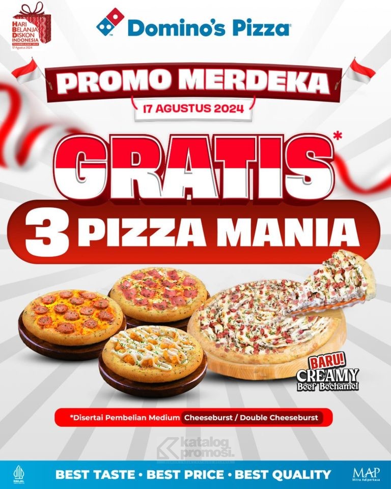 Promo DOMINO’S PIZZA MERDEKA GRATIS 3 Pizza Mania BERLAKU hanya 1 hari, tanggal 17 Agustus 2024