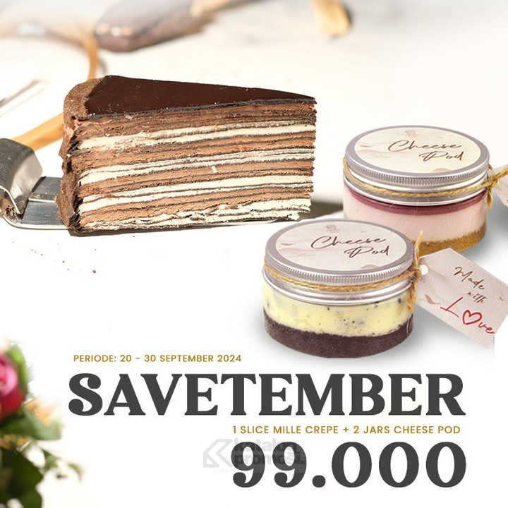 Promo First Love Patisserie Savetember - Paket 1 Slice Mille Crepe + 2 Jars Cheese Pod cuma Rp. 99.000