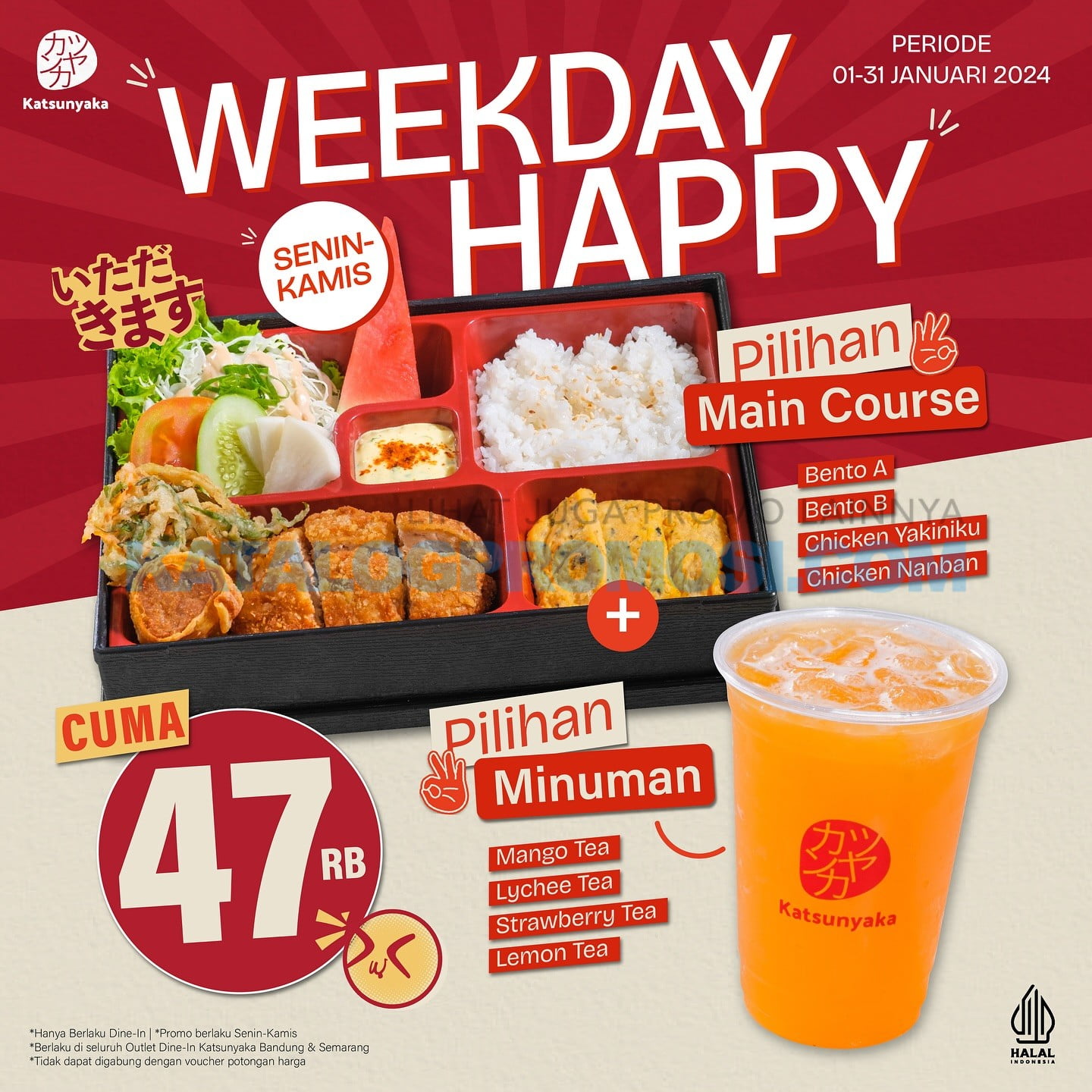 Promo KATSUNYAKA WEEKDAY HAPPY - PAKET 1 MAKANAN + 1 MINUMAN cuma Rp. 47.000