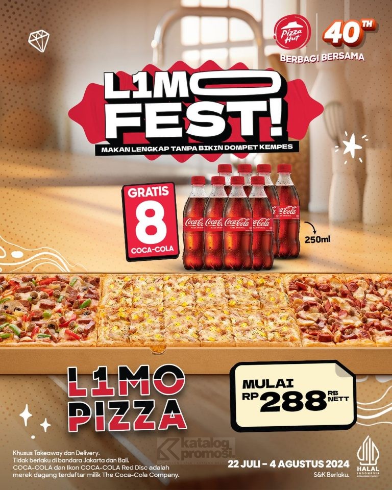 Promo PIZZA HUT L1MO PIZZA GRATIS 8 COCA-COLA Harga Spesial mulai Rp. 288.000 berlaku tanggal 22 Juli-4 Agustus 2024 aja.