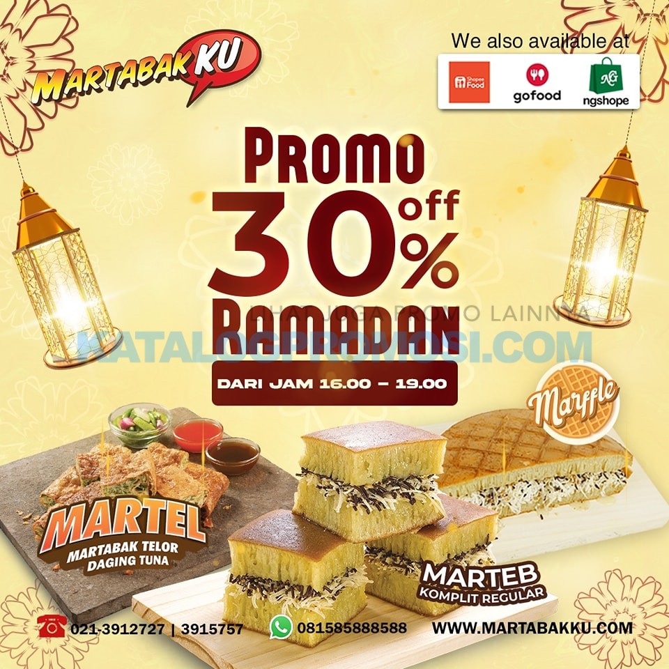 Promo MARTABAKKU GRABFOOD RAMADAN - Diskon 30% mulai dari jam 16.00 - 19.00 selama bulan suci Ramadhan.