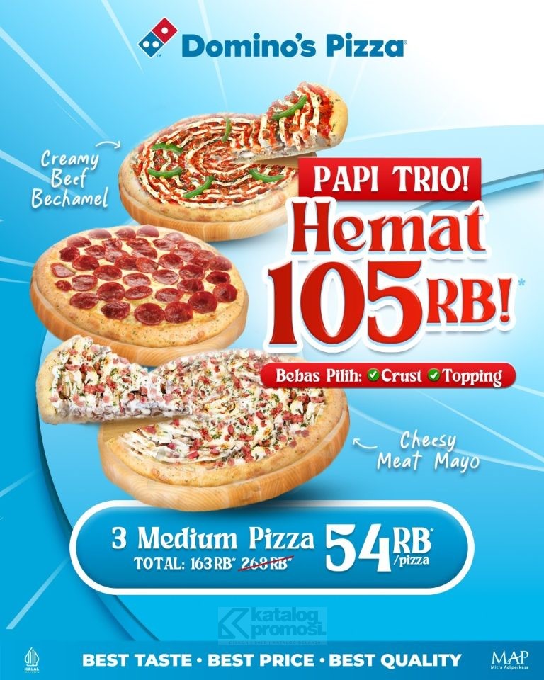 Promo DOMINOS PIZZA PAPI TRIO Hanya 54ribu/ Pizza untuk 3 Medium Pizza