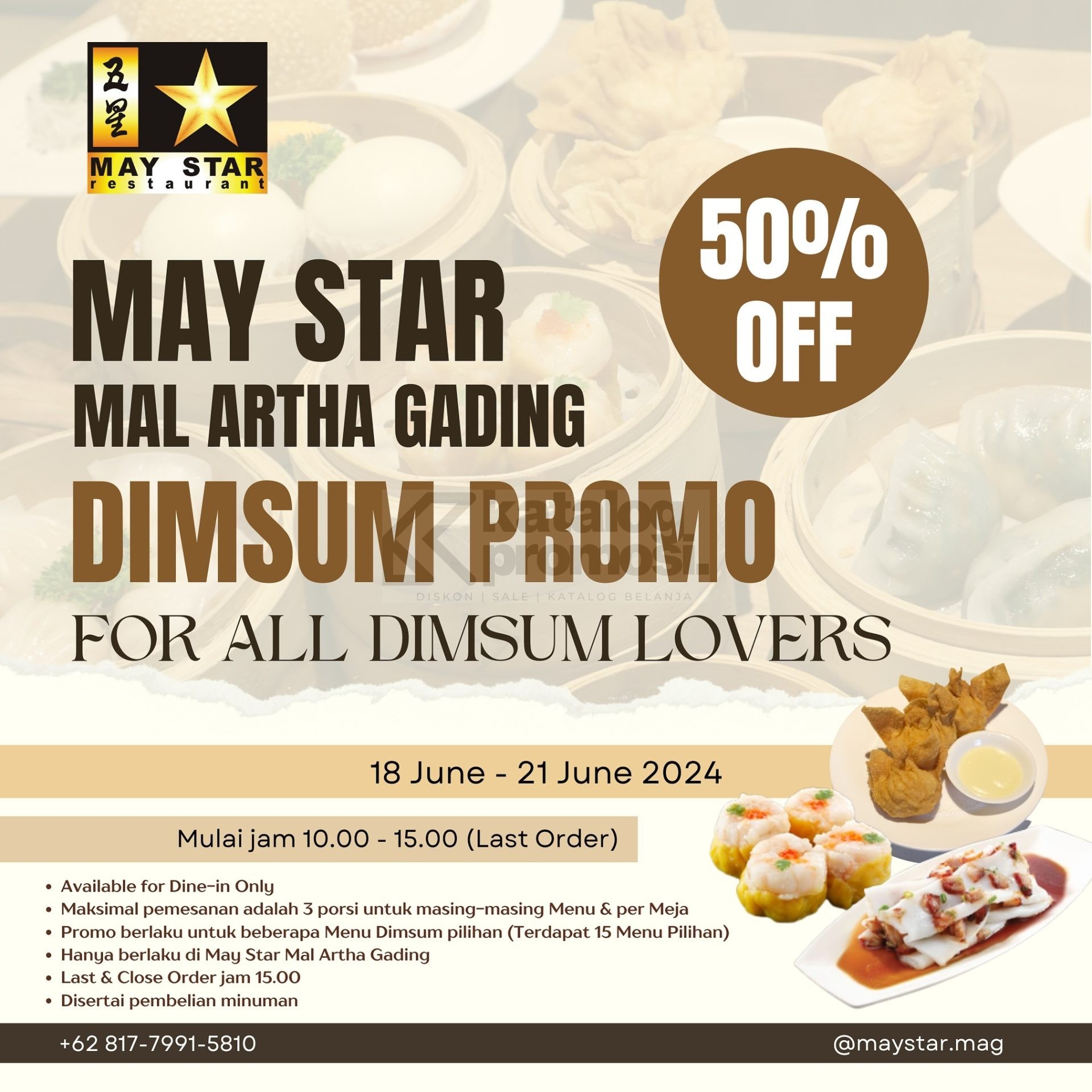 Promo Maystar Mal Artha Gading DISKON 50% untuk menu DIMSUM berlaku tanggal 18-21 Juni 2024 mulai pk. 10.00-13.00