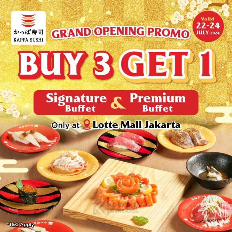 Promo KAPPA SUSHI LOTTE MALL JAKARTA OPENING SPECIAL BELI 3 GRATIS 1 PAKET AYCE berlaku hanya 3 hari, tanggal 22-24 Juli 2024