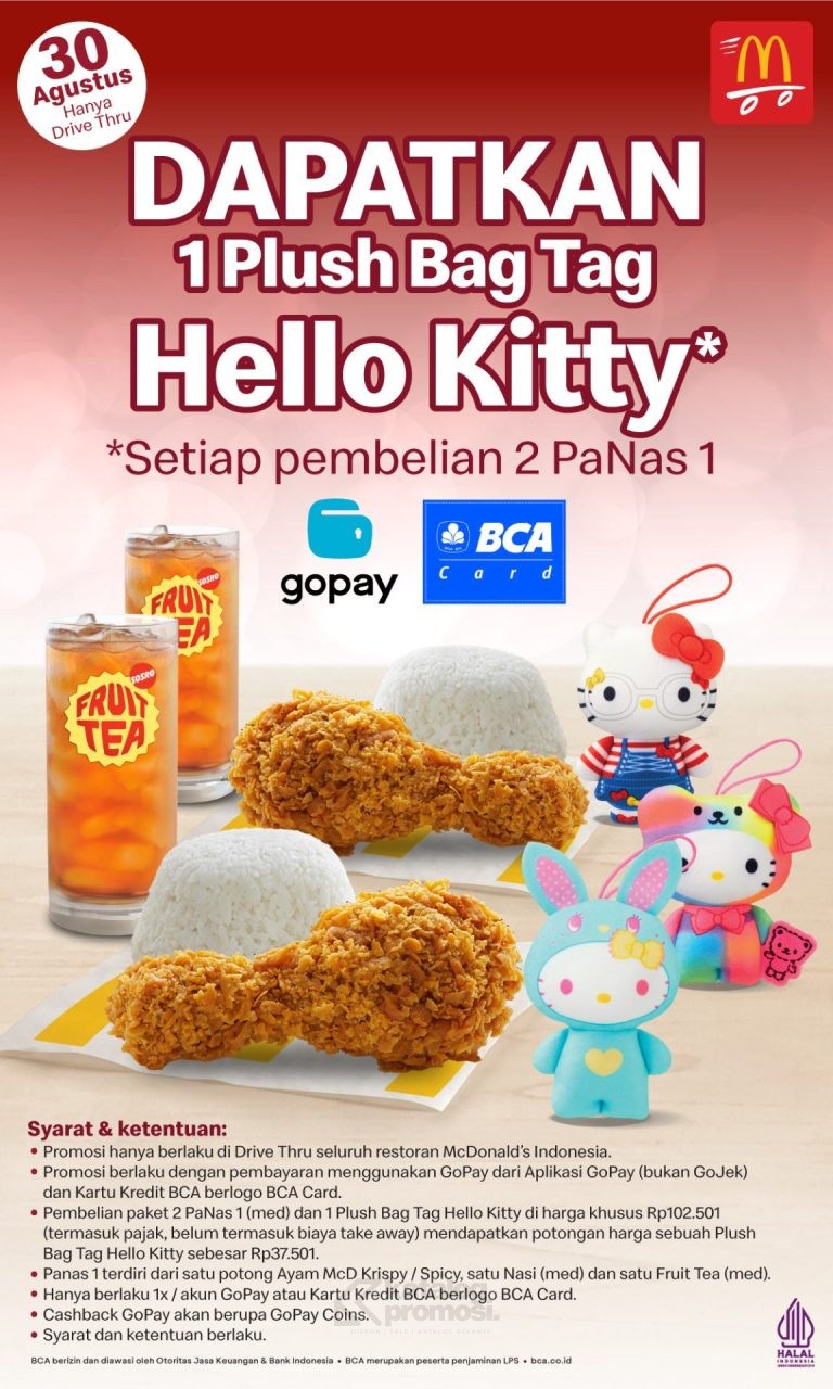 PROMO MCDONALDS BELI 2 PAKET PANAS 1 GRATIS Plush Bag Tag Hello Kitty berlaku hanya di tanggal 30 Agustus 2024