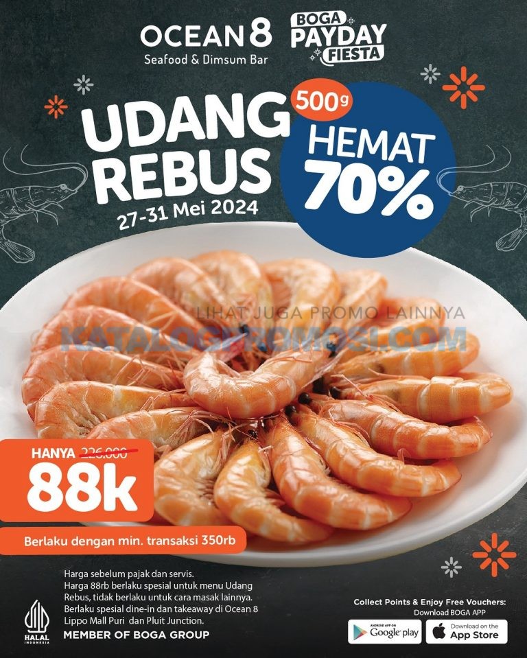 Promo OCEAN 8 PAYDAY , DISKON HINGGA 70% untuk menu UDANG REBUS 500g berlaku tanggal 27-31 Mei 2024