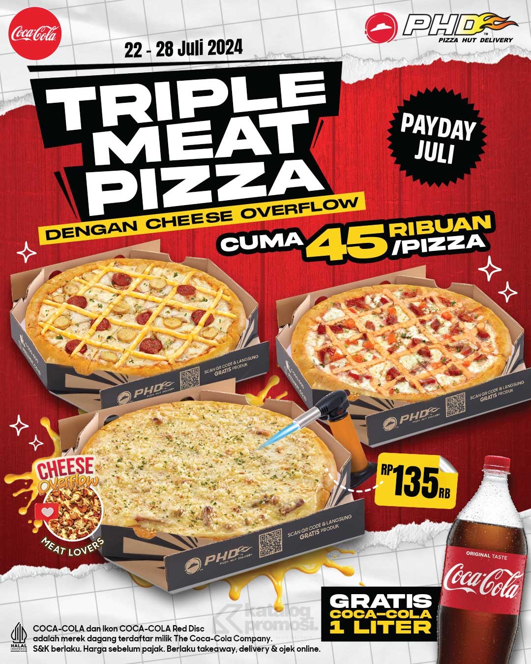 Promo PHD SPECIAL PRICE Triple Meat Pizza cuma Rp 45ribuan per pizza berlaku hanya di tanggal 22-28 Juli 2024