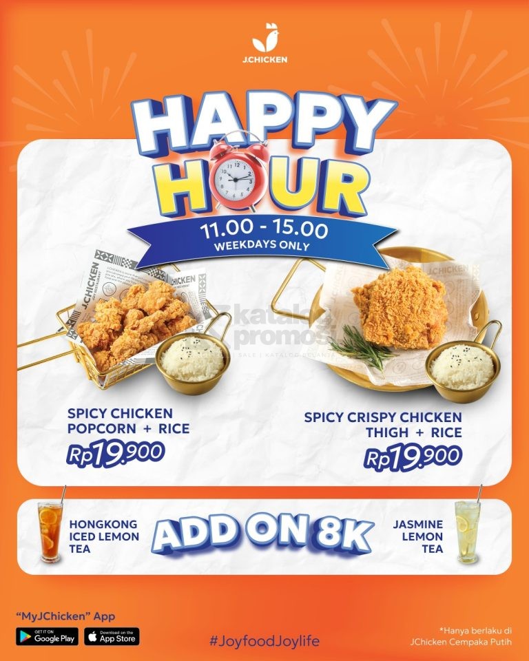 Promo J.Chicken Happy Hour Paket Spicy Crispy Chicken Tigh + Nasi cuma Rp 19.900 berlaku Weekday mulai pk. 11.00-15.00