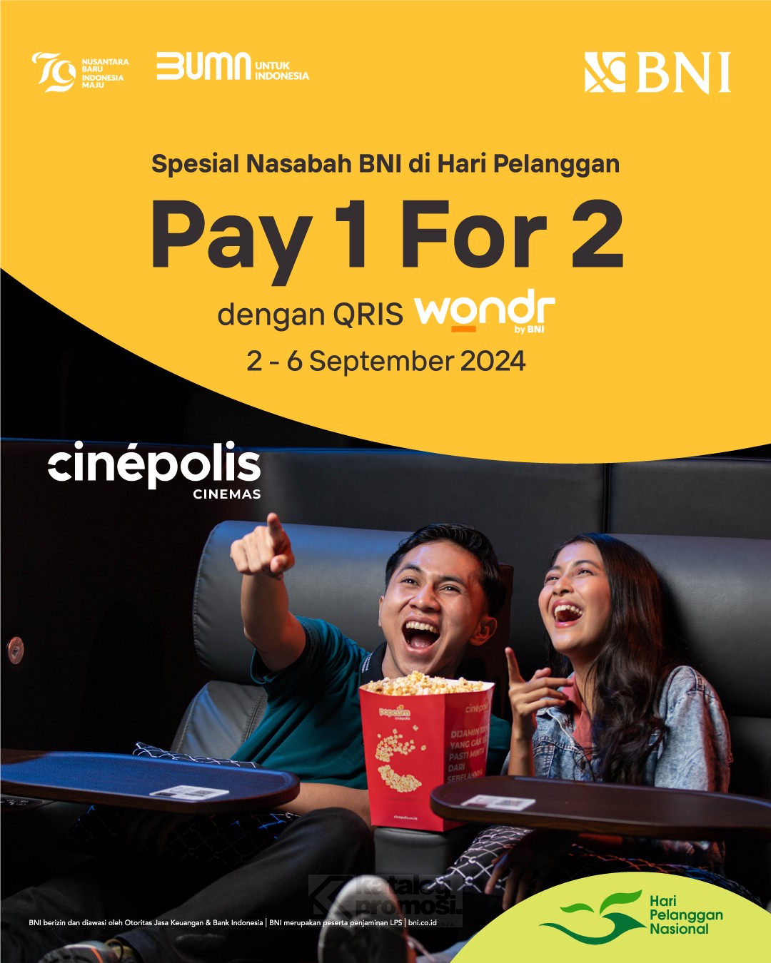 Promo CINEPOLIS QRIS wondr by BNI BUY 1 GET 2 TICKETS* berlaku tanggal 02-06 September 2024