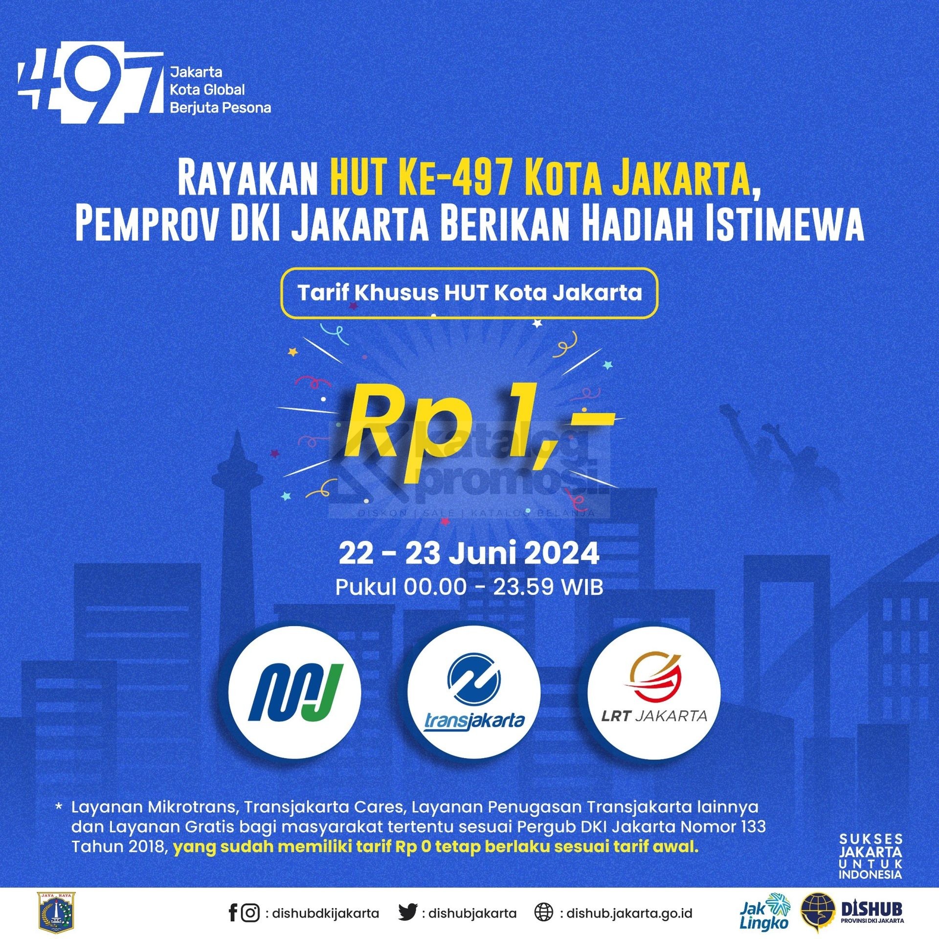 SPESIAL HUT Jakarta ke-497, Tarif Transjakarta, MRT dan LRT cuma Rp. 1,- aja Khusus tanggal 22 dan 23 Juni 2024 mulai pukul 00.00 - 23.59