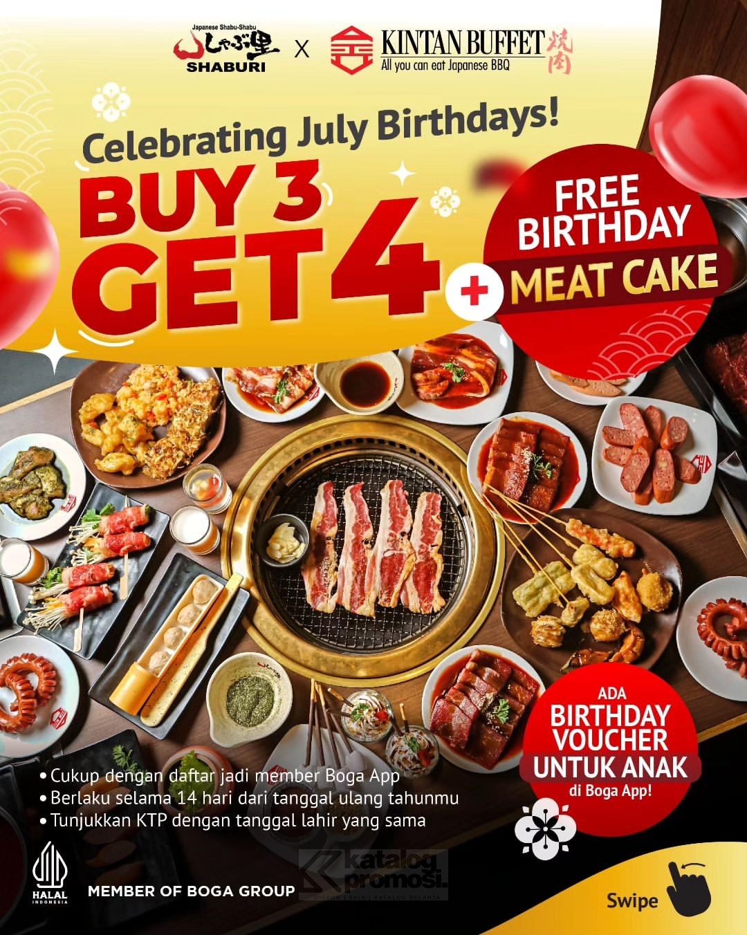 Promo SHABURI dan KINTAN BUFFET SPESIAL BIRTHDAY - BELI 3 GRATIS 1 + gratis MEAT CAKE khusus di bulan JULI 2024