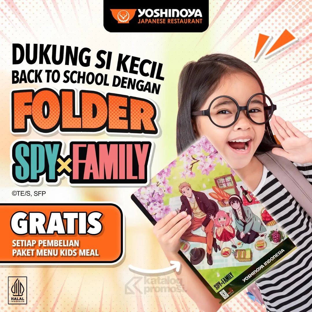 Promo YOSHINOYA Back to School GRATIS Plastic F4 Folder Spy x Family setiap pembelian paket KIDS Meal Menu!