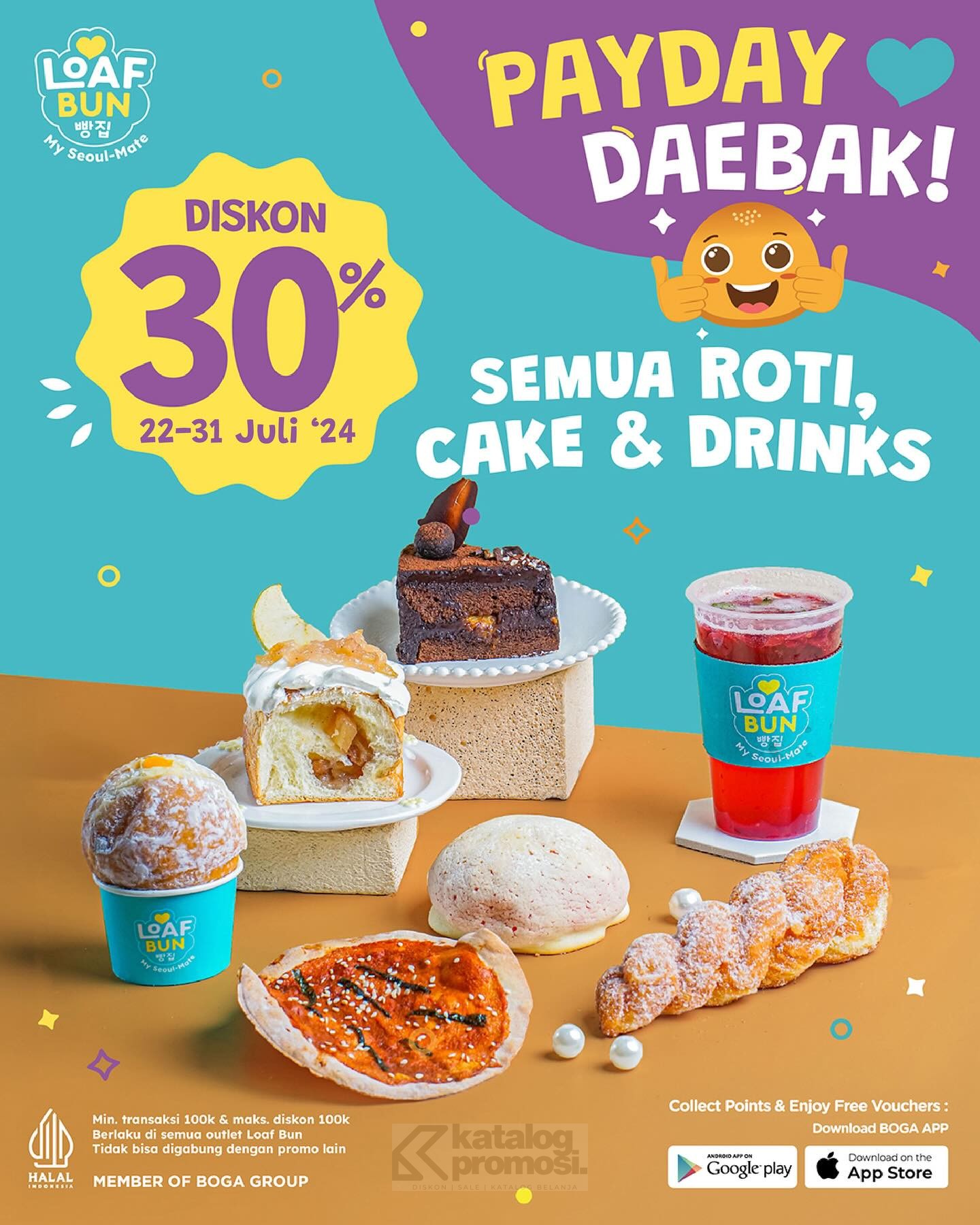 Promo Loaf Bun Payday Daebak Diskon 30% untuk semua Roti, Cake dan Drinks berlaku tanggal 22-31 Juli 2024