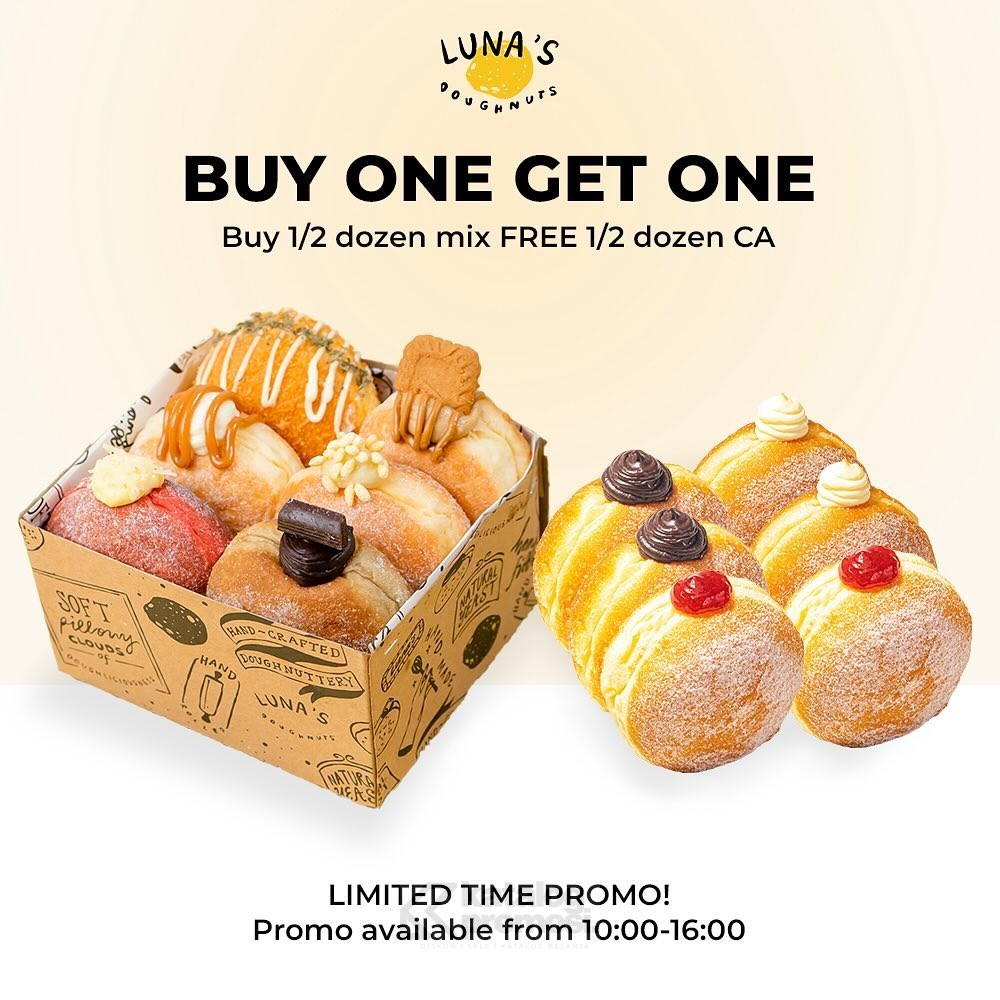 Promo Luna's Doughnuts Happy Hour BUY ONE GET ONE berlaku Senin-Jumat (Weekdays) pukul 10:00-16:00