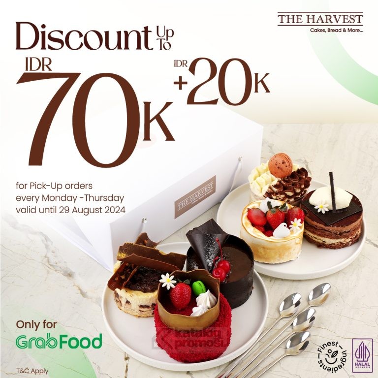 Promo THE HARVEST GRABFOOD Pick Up Orders Discount up to 70RIBU + 20RIBU Berlaku Senin-Kamis sampai dengan 29 Agustus 2024