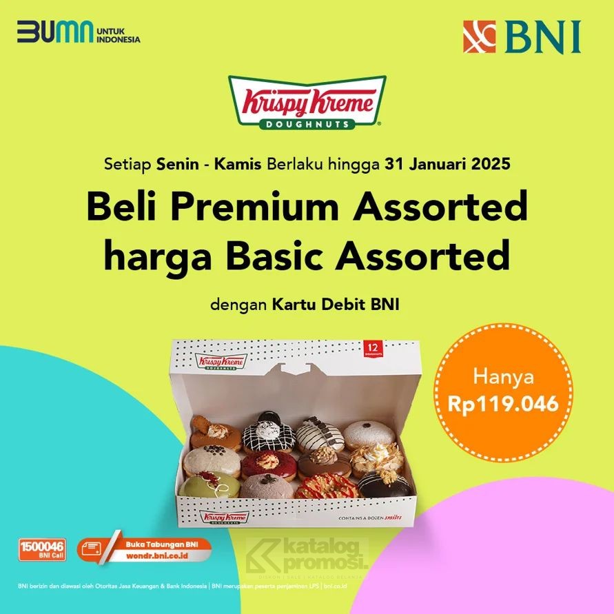 Promo Krispy Kreme BNI Beli 1 Lusin Premium Assorted Doughnut cuma Rp. 119.046