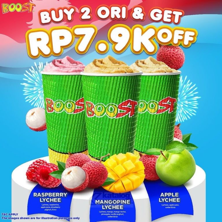 Promo BOOST JUICE Gebyar-gebyar Merah Putih Leci DISKON Rp. 7.900 berlaku tanggal 16-18 Agustus 2024