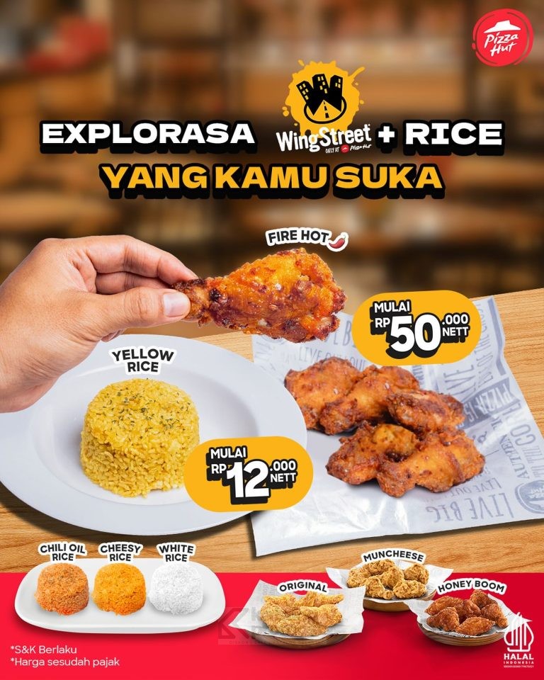 Kombinasi yang bisa lengkapi kenikmatan makan siangmu, pastinya Wingstreet + Rice 🍗🍚 Dengan 4 pilihan menu Rice dan Wingstreet, bikin makan jadi happy karena bisa explorasa sesukamu!