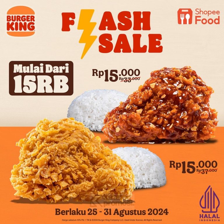 Promo BURGER KING SHOPEEFOOD FLASH SALE SERBA 15RIBUAN AJA berlaku tanggal 25-31 Agustus 2024