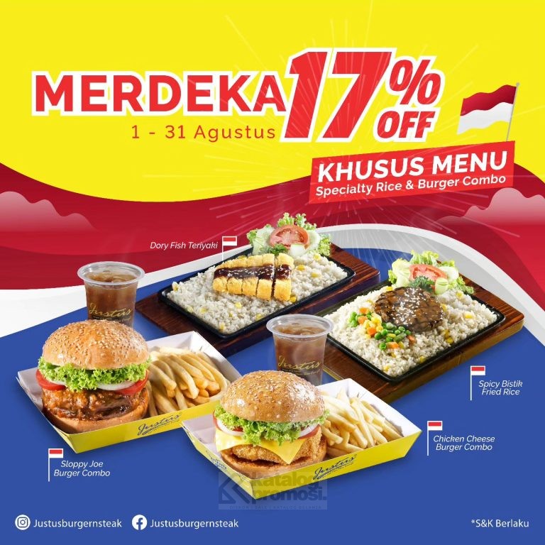 Promo Justus Burger and Steak Spesial Kemerdekaan Discount 17% untuk Menu Pilihan