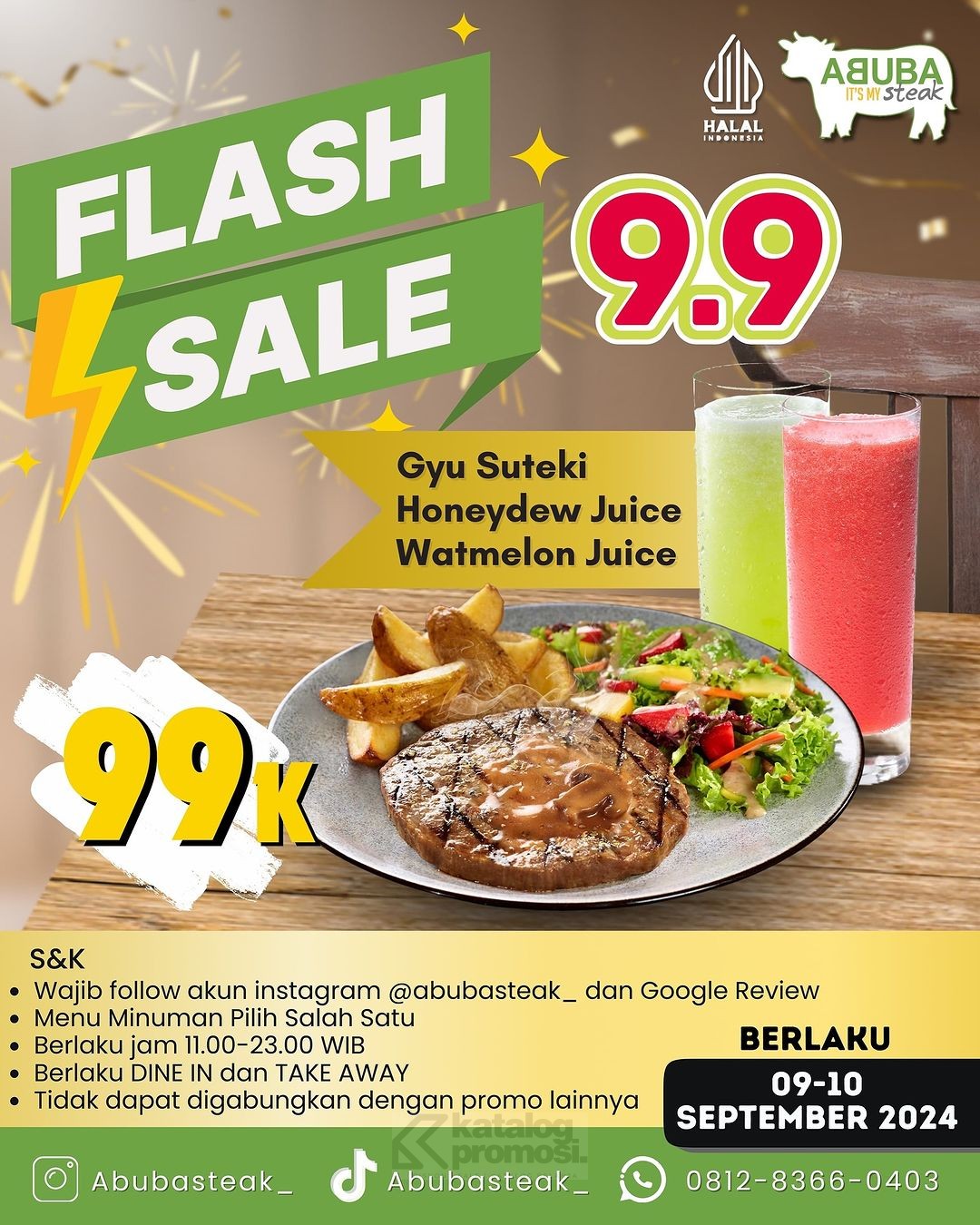 Promo ABUBA STEAK FLASH SALE 9.9 - Paket Gyu Suteki + Honeydew / Watmelon Juice cuma Rp. 99K