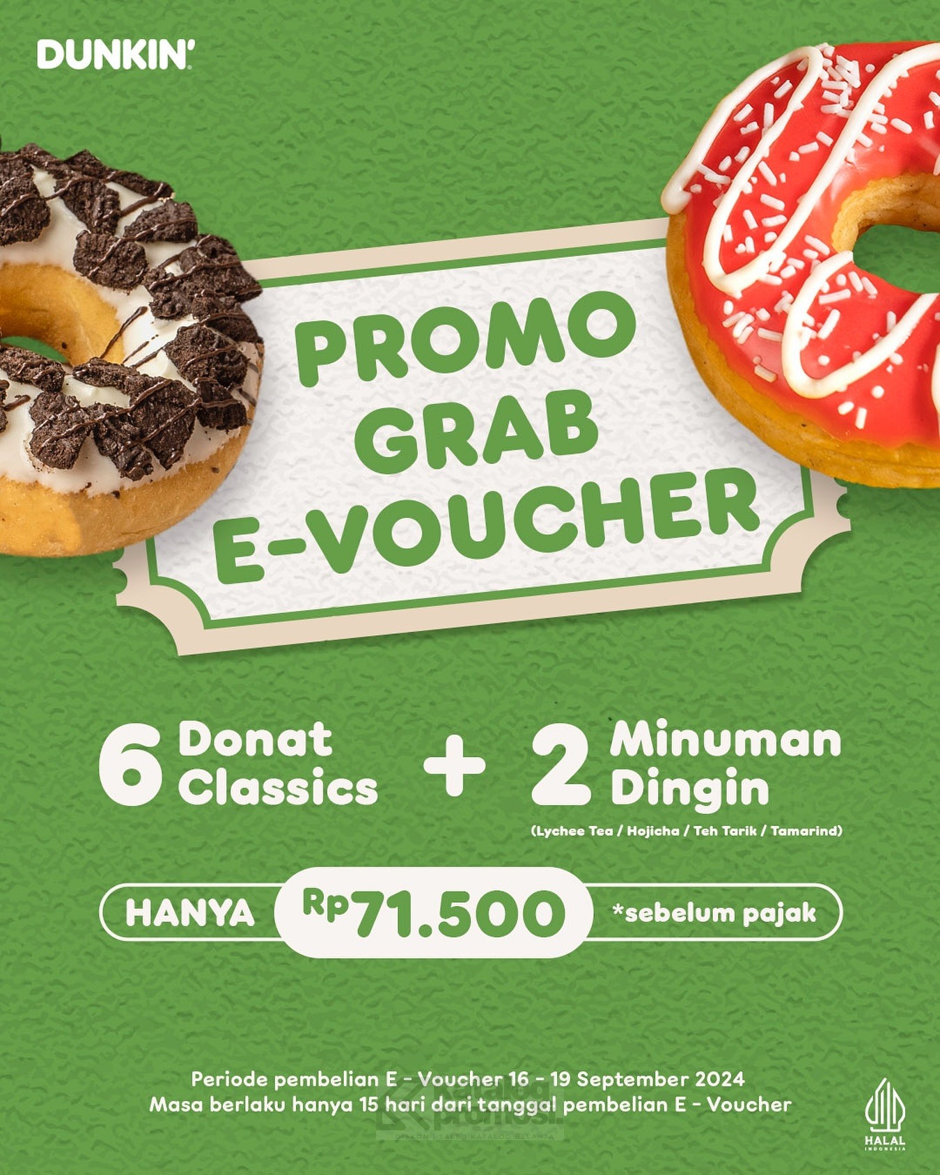 Promo Dunkin' Donuts GrabFood E-Voucher Beli 6 Donuts + 2 Minuman Dingin hanya Rp. 71.500