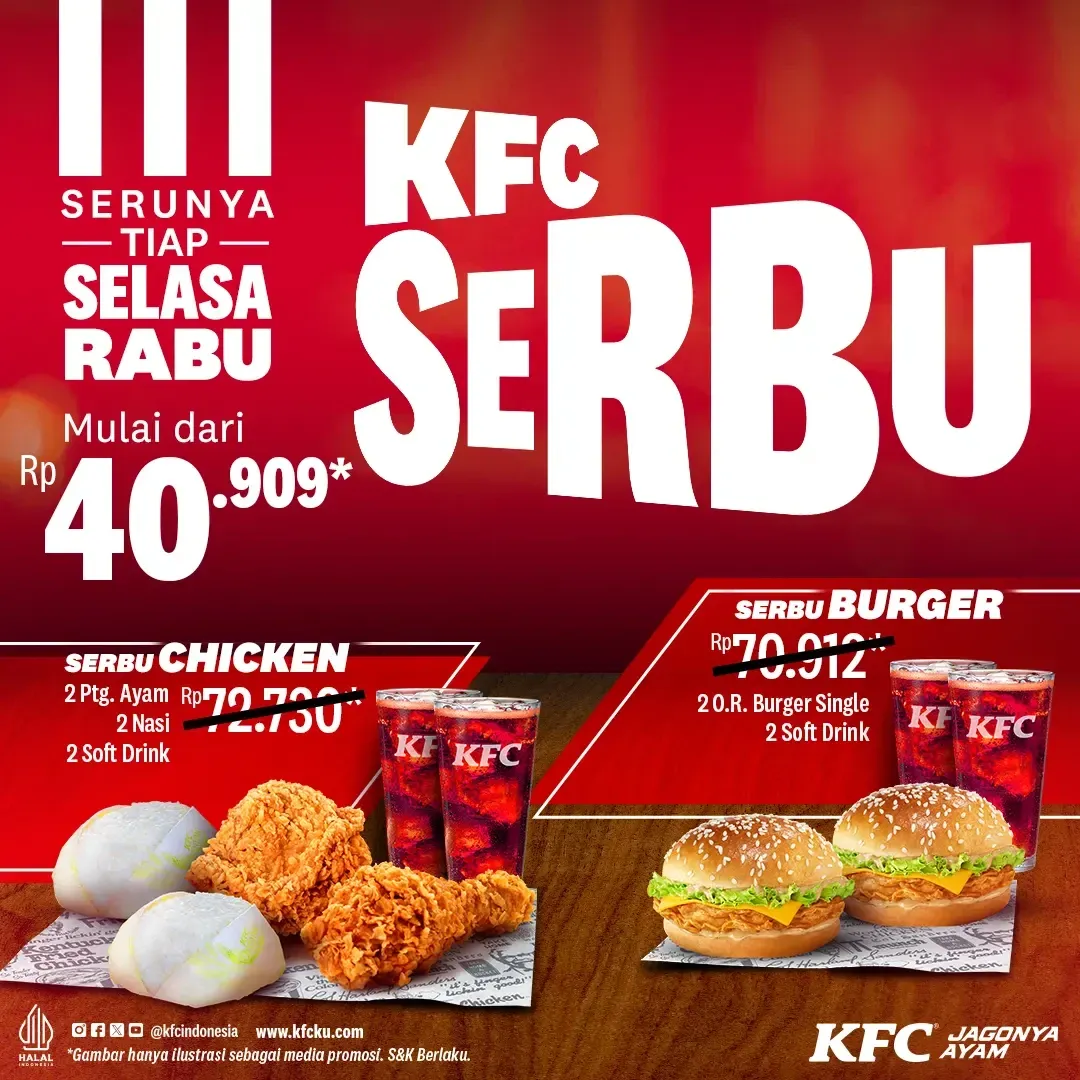 Saatnya SERBU KFC! Cuman Rp 40rb*an aja kamu bisa nikmati paket SERBU spesial untuk hari Selasa dan Rabu aja. Makan enak tanpa bikin kantong jebol! 🤩 syarat dan ketentuan : - Berlaku di semua store KFC kecuali KFC Bandara - Berlaku untuk Dine In, Take Away, Drive Thru, KFC Box, KFCku Apps dan Marketplace