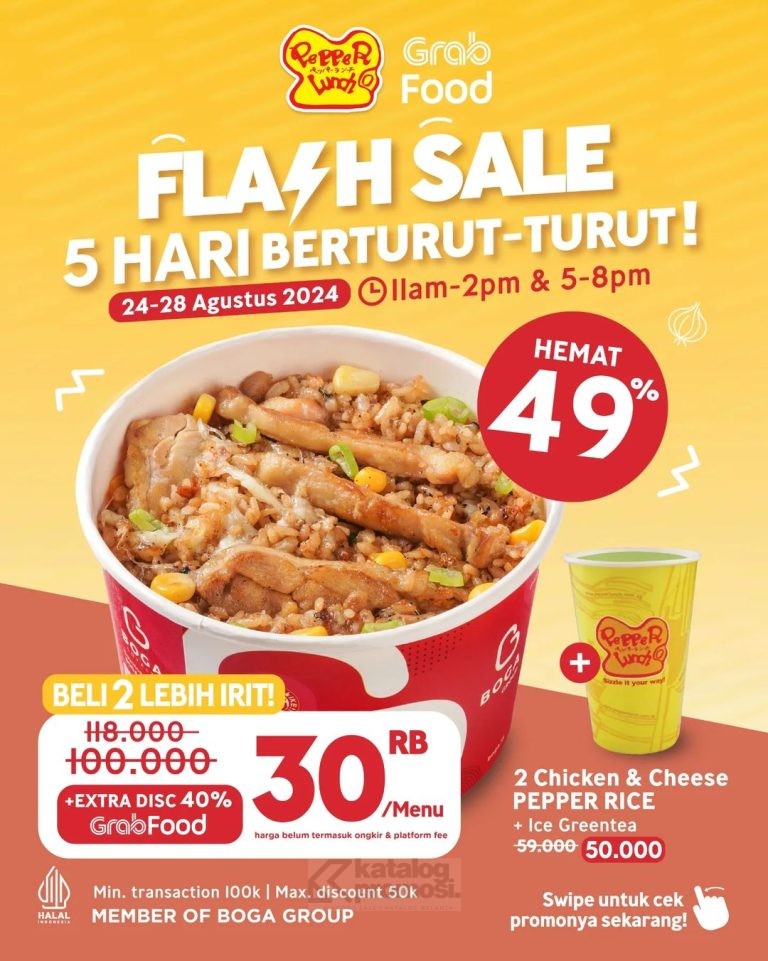 PROMO PEPPER LUNCH GRABFOOD DISKON KILAT HEMAT HINGGA 49% HARGA MULAI Rp. 30RIBU/MENU tanggal 24-28 Agustus 2024