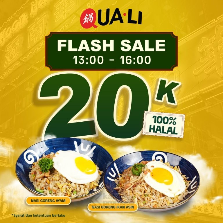 Promo QUA-LI GOFOOD FLASH SALE MENU NASI GORENG FAVORIT cuma Rp 20.000 KHUSUS JAM 13.00-16.00 | PERIODE 1 JUNI - 30 AGUSTUS 2024