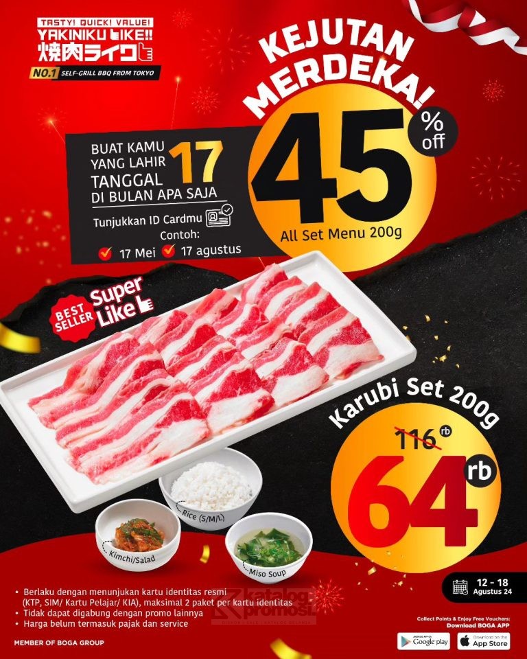 PROMO YAKINIKULIKE KEJUTAN MERDEKA DISKON 45% buat kamu yang lahir di tanggal 17 apapun bulannya