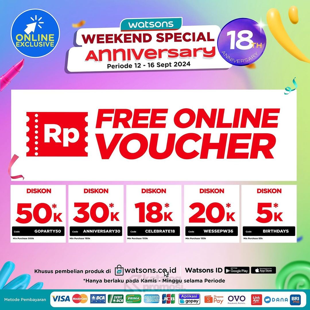 Watsons WEEKEND SPECIAL ANNIVERSARY! Diskon hingga 70% untuk Produk Beauty