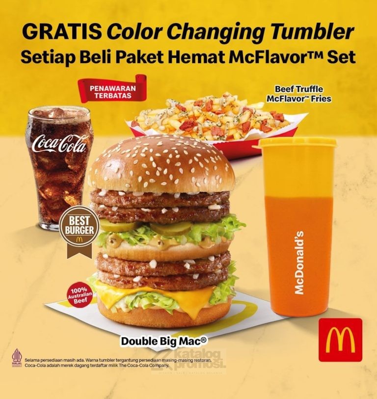 Promo Color Changing Tumbler McDonald's! Gratis tumbler keren setiap pembelian McFlavor Set atau upgrade McFlavor Fries. Berlaku hingga Oktober 2024, cek sekarang!