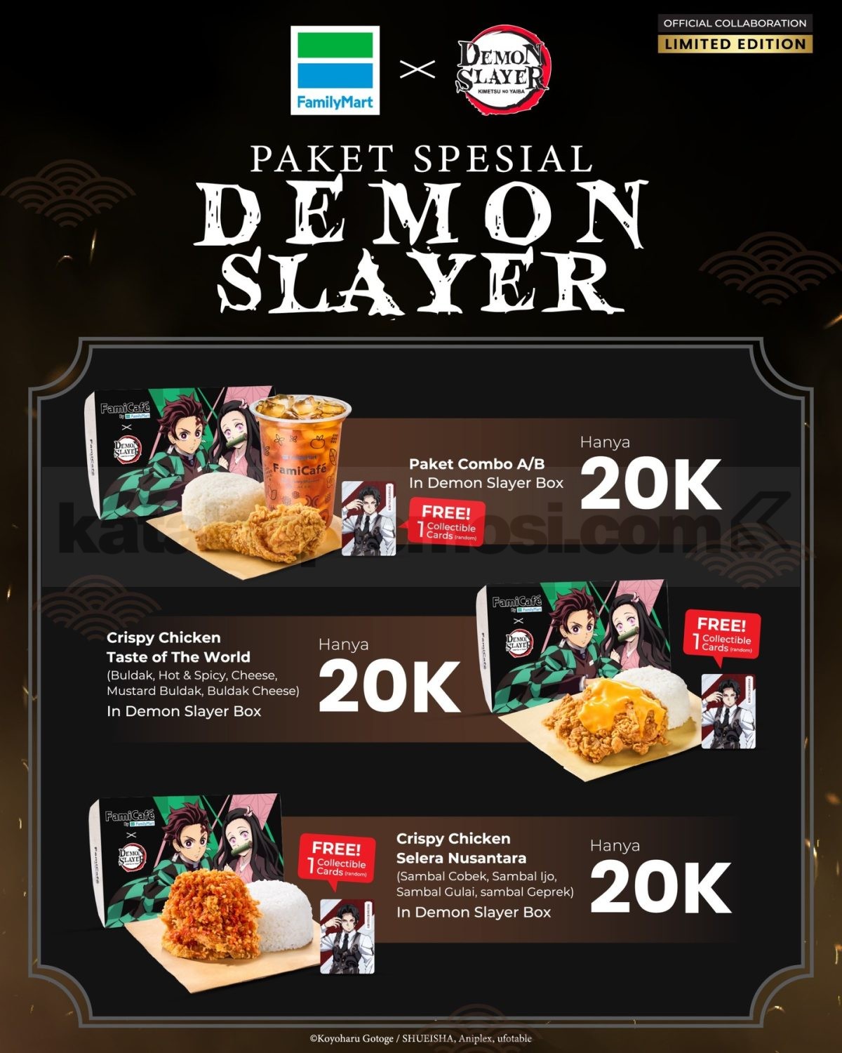 Promo FamilyMart Paket Bundling Crispy Chicken Demon Slayer Rp20 Ribu Promo FamilyMart Paket Bundling Crispy Chicken Demon Slayer Rp20 ribu dengan collectible card edisi spesial.