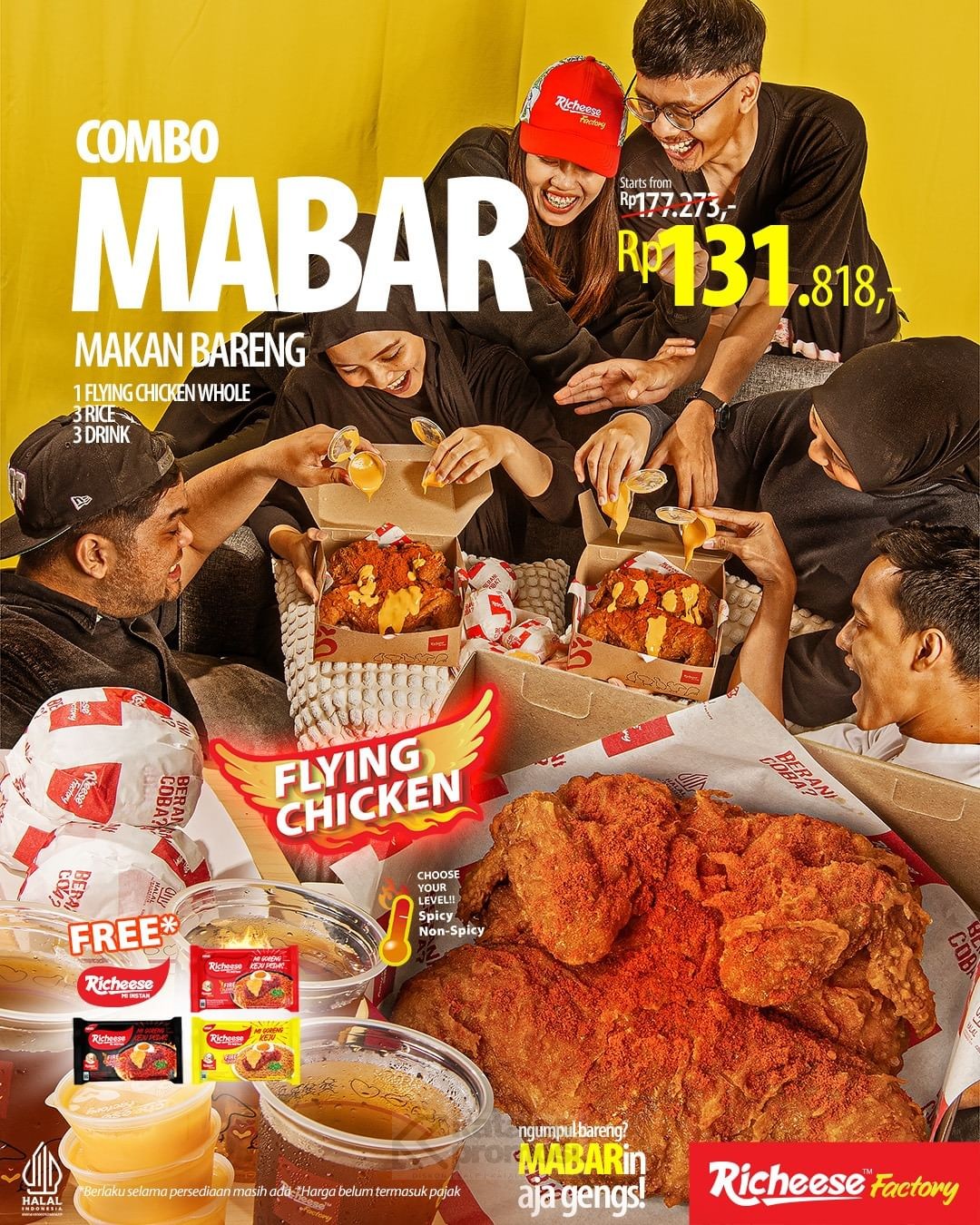 Promo RICHEESE FACTORY COMBO MABAR Flying Chicken 1 Ayam Utuh mulai Rp. 131.818 aja!