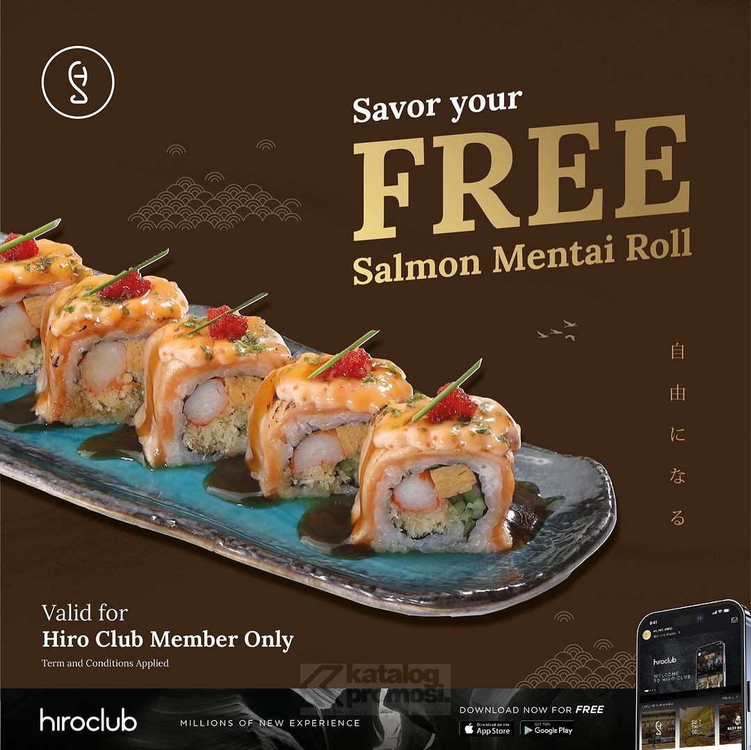 Promo SUSHI HIRO GRATIS Voucher Salmon Mentai Roll*