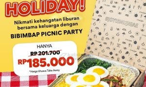 Promo Mujigae Bibimbap Picnic Party Rp 185 Ribu, pas untuk 4-5 orang. Tersedia di Jabodetabek dan Bandung via GoFood, GrabFood, dan takeaway.