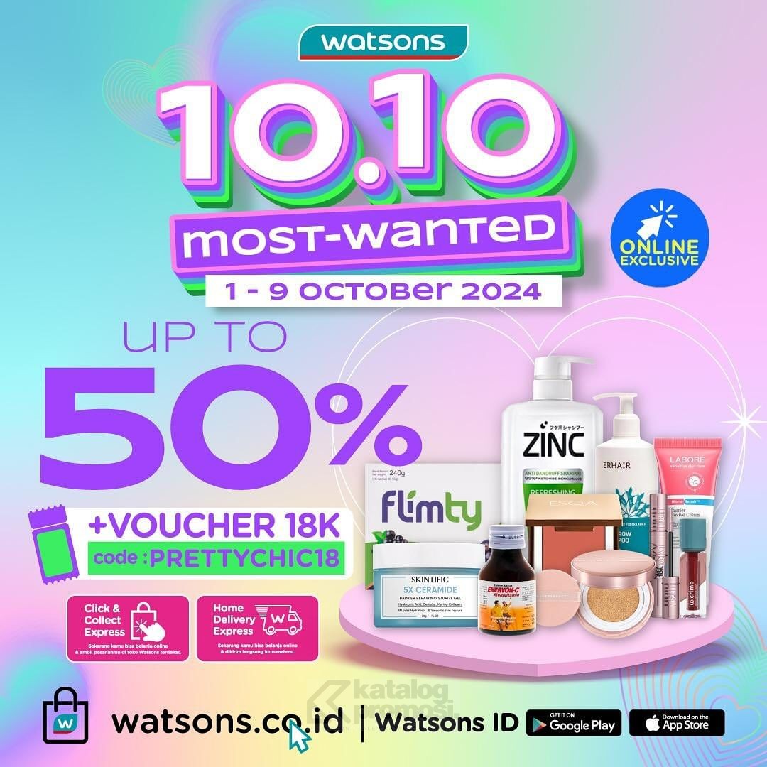 Watsons 10.10 Most Wanted Sale! Diskon Spesial 50% untuk Lebih dari 1000 Produk Pilihan