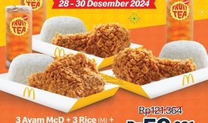 Promo McDonalds Gajian Buat Bertiga! Dapatkan 3 Ayam McD, 3 Nasi, dan 3 Fruit Tea hanya Rp59.091, berlaku mulai tanggal 28-30 Desember 2024