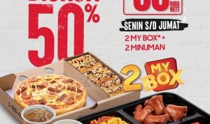 Promo Pizza Hut Weekday Deals Diskon 50% 2 My Box + 2 Minuman hanya Rp60K atau 2 Pan Personal Pizza + 2 Minuman cuma Rp78K