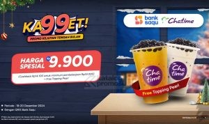 Promo Chatime Bank Saqu: Harga spesial Rp9.900 untuk pembelian Rp24.000 dan free topping Pearl, berlaku 18 - 20 Desember 2024.