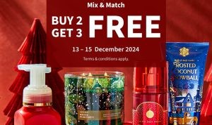 Promo Bath & Body Works Buy 2 Get 3 Free untuk semua koleksi liburan! Berlaku 13 - 15 Desember 2024 di seluruh store.