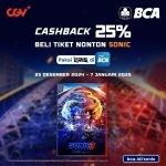 Promo CGV Cashback myBCA 25% untuk tiket Sonic 3 dengan minimum transaksi Rp 60.000. Berlaku mulai tanggal 25 Des 2024 - 07 Jan 2025