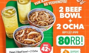 Promo Yoshinoya GrabFood Dine Out Deals, 2 Beef Bowl + 2 Ocha cuma Rp80.000