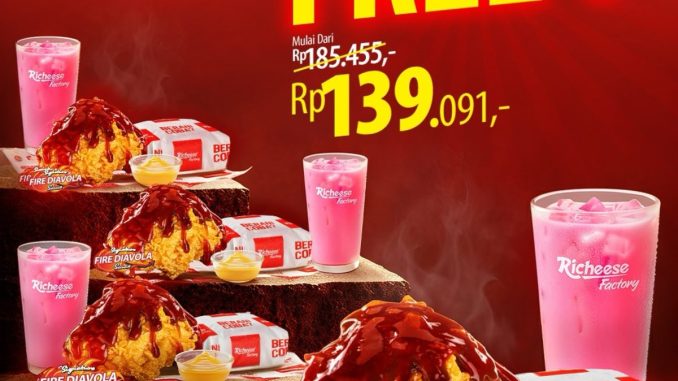 Promo Richeese Factory Buy 3 Get 1 Combo Fire Diavola Chicken mulai Rp.139.091 untuk empat porsi.