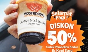 Promo Yoshinoya Diskon 50% untuk Pembelian Es Kopi Susu Kedua