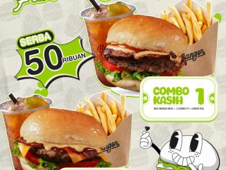 Promo Burger Bangor Mom’s Favorite Bites Combo Rp. 50.000 dengan burger, kentang, dan lemon tea