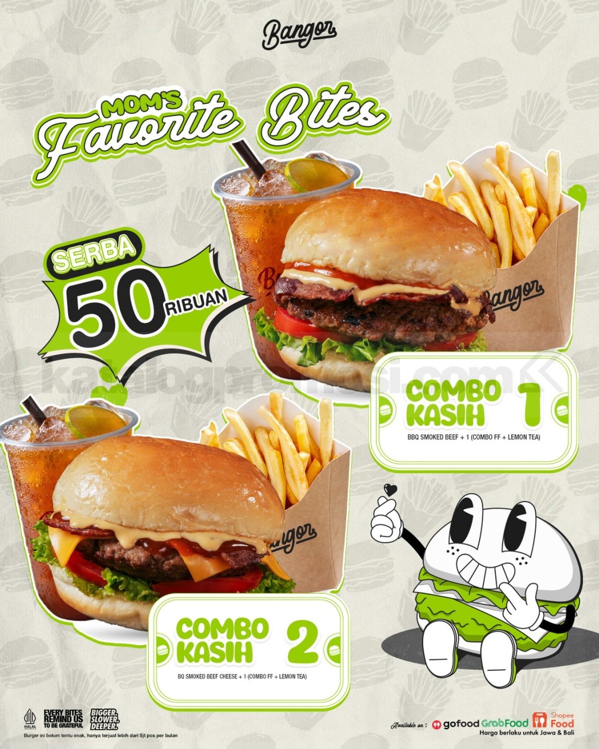 Promo Burger Bangor Mom’s Favorite Bites Combo Rp. 50.000 Promo Burger Bangor Mom’s Favorite Bites Combo Rp. 50.000 dengan burger, kentang, dan lemon tea